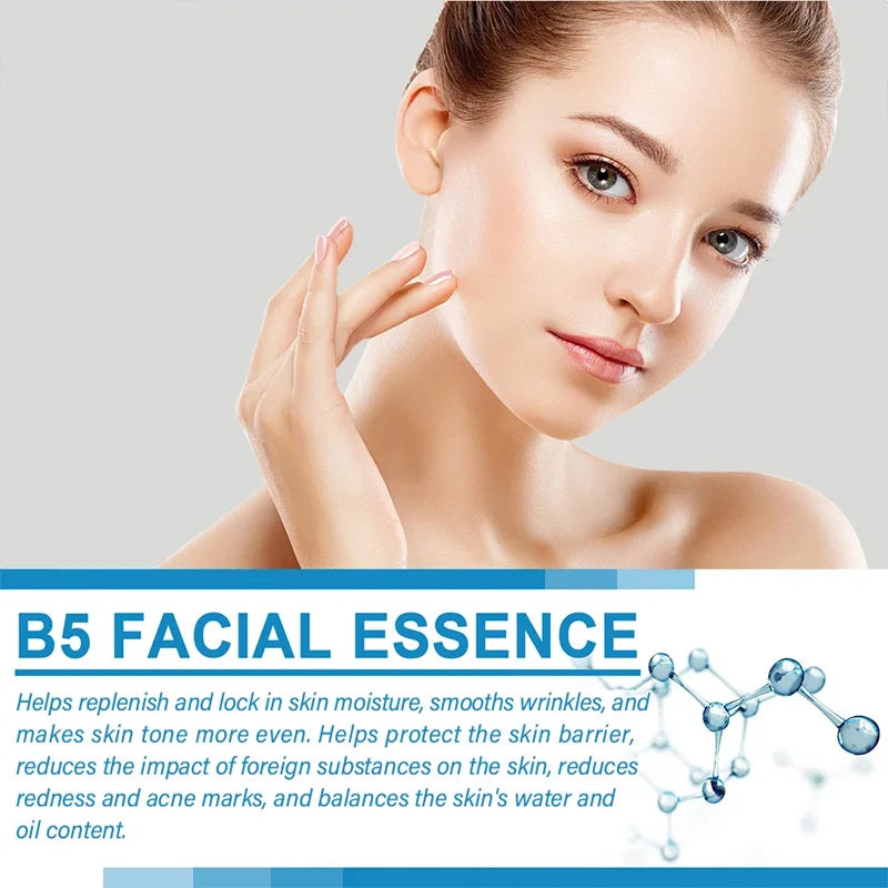 Woman applying B5 facial essence, skincare product for moisturizing and wrinkle reduction