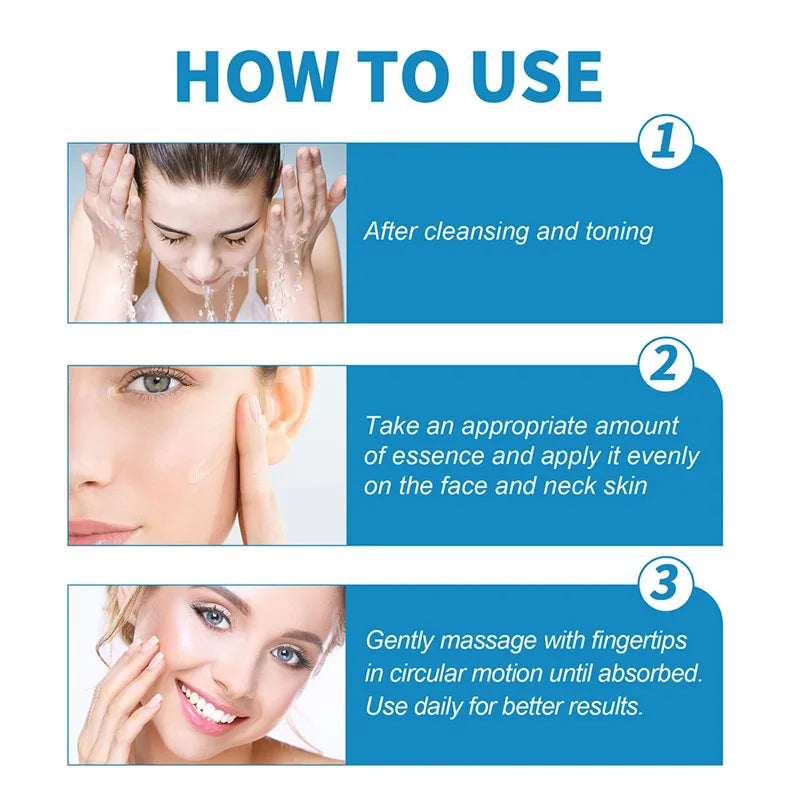 Step-by-step skincare essence application guide with photos of a woman cleansing, applying, and massaging face.