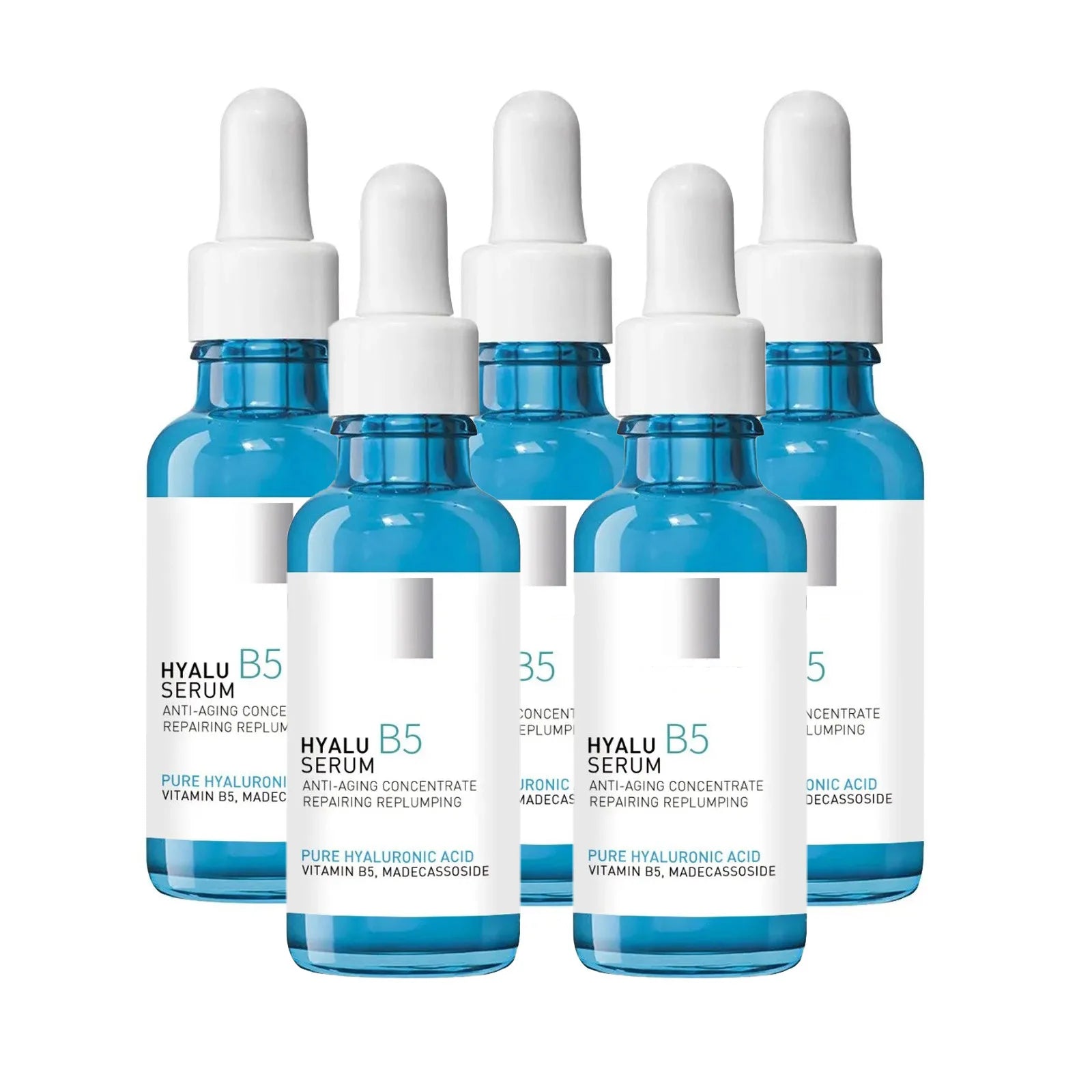 Five blue bottles of hyaluronic acid B5 serum with dropper caps, anti-aging skincare