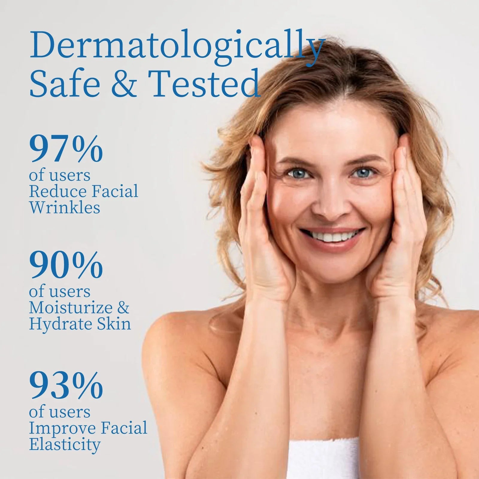 Smiling woman touches face, text highlights skincare benefits: reduces wrinkles, hydrates, boosts elasticity.