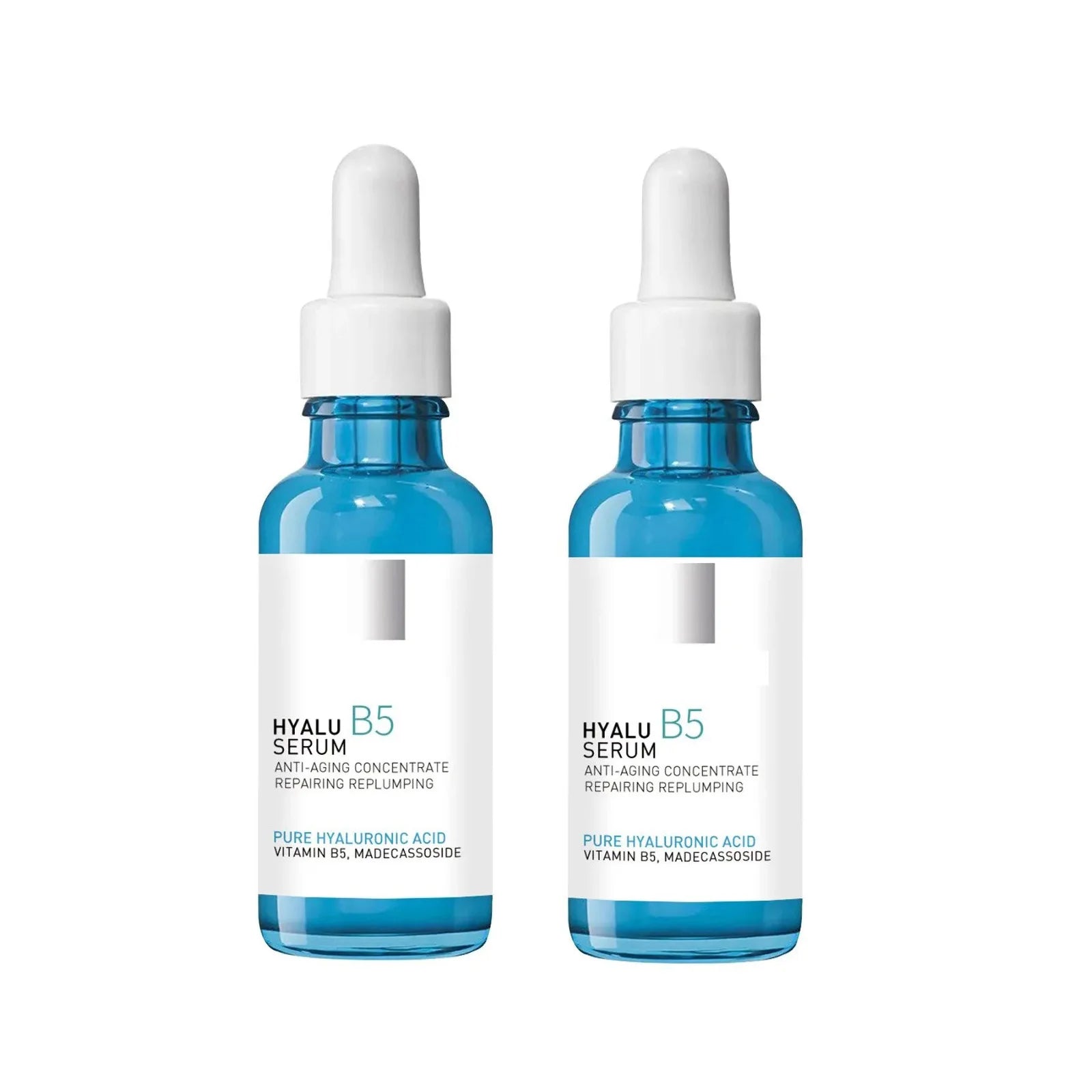 Two blue glass bottles of Hyalu B5 serum with white droppers, anti-aging skincare