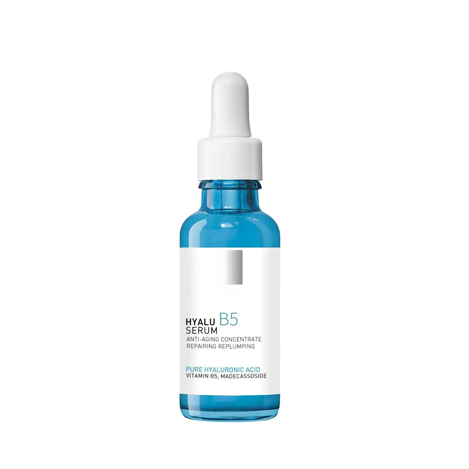 Blue glass dropper bottle of Hyalu B5 anti-aging hyaluronic acid serum on white background