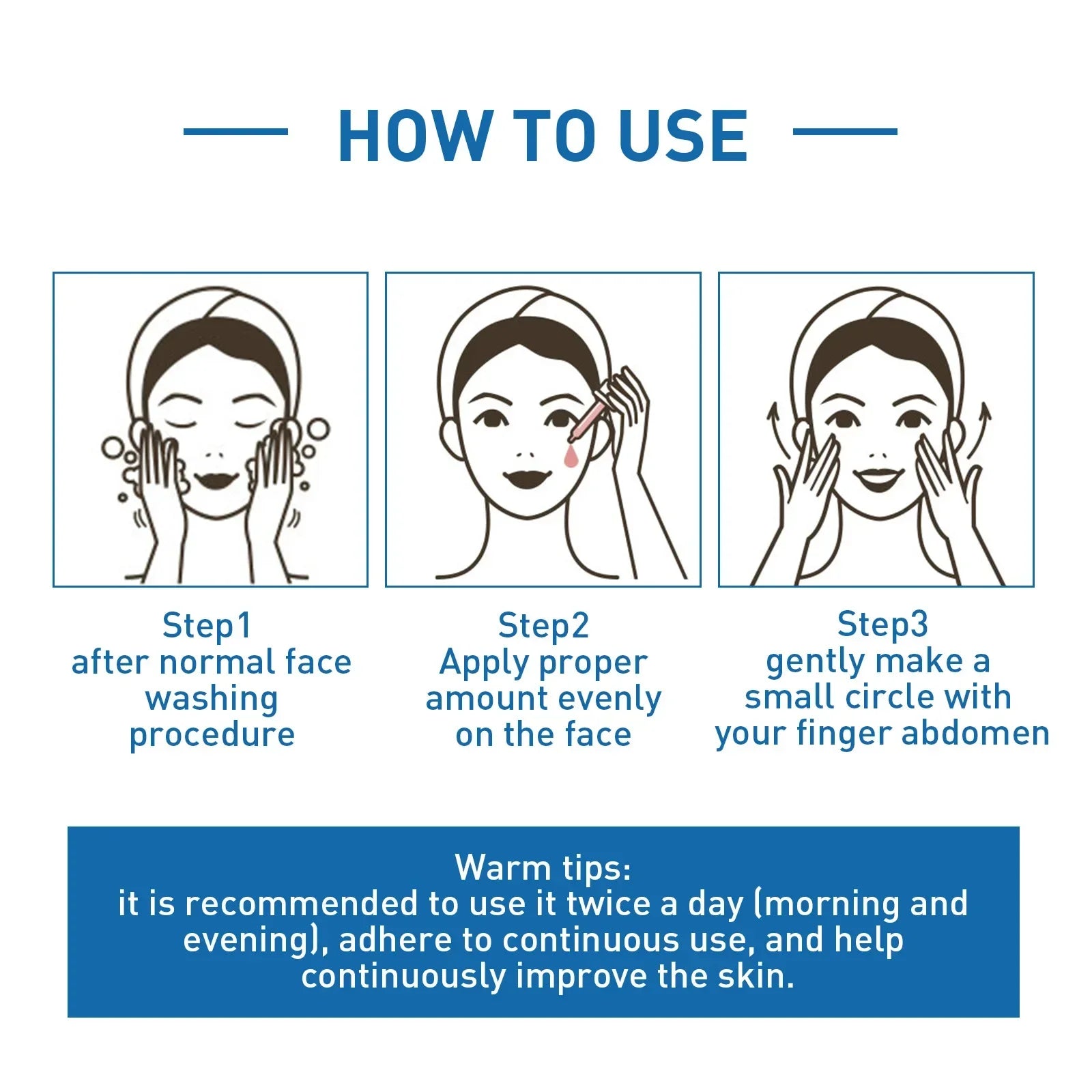 Facial skincare instructions with steps for washing, applying product, and gentle massage.