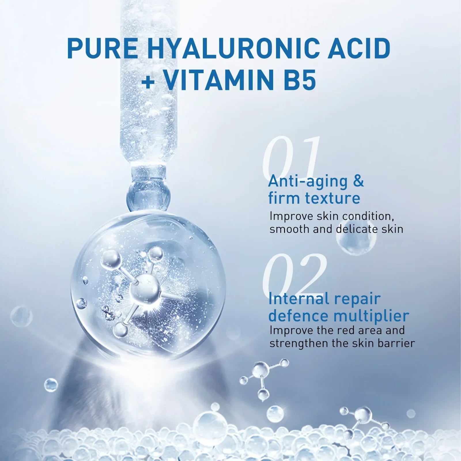 Hyaluronic acid and vitamin B5 serum dropper with hydration, anti-aging and skin repair benefits.